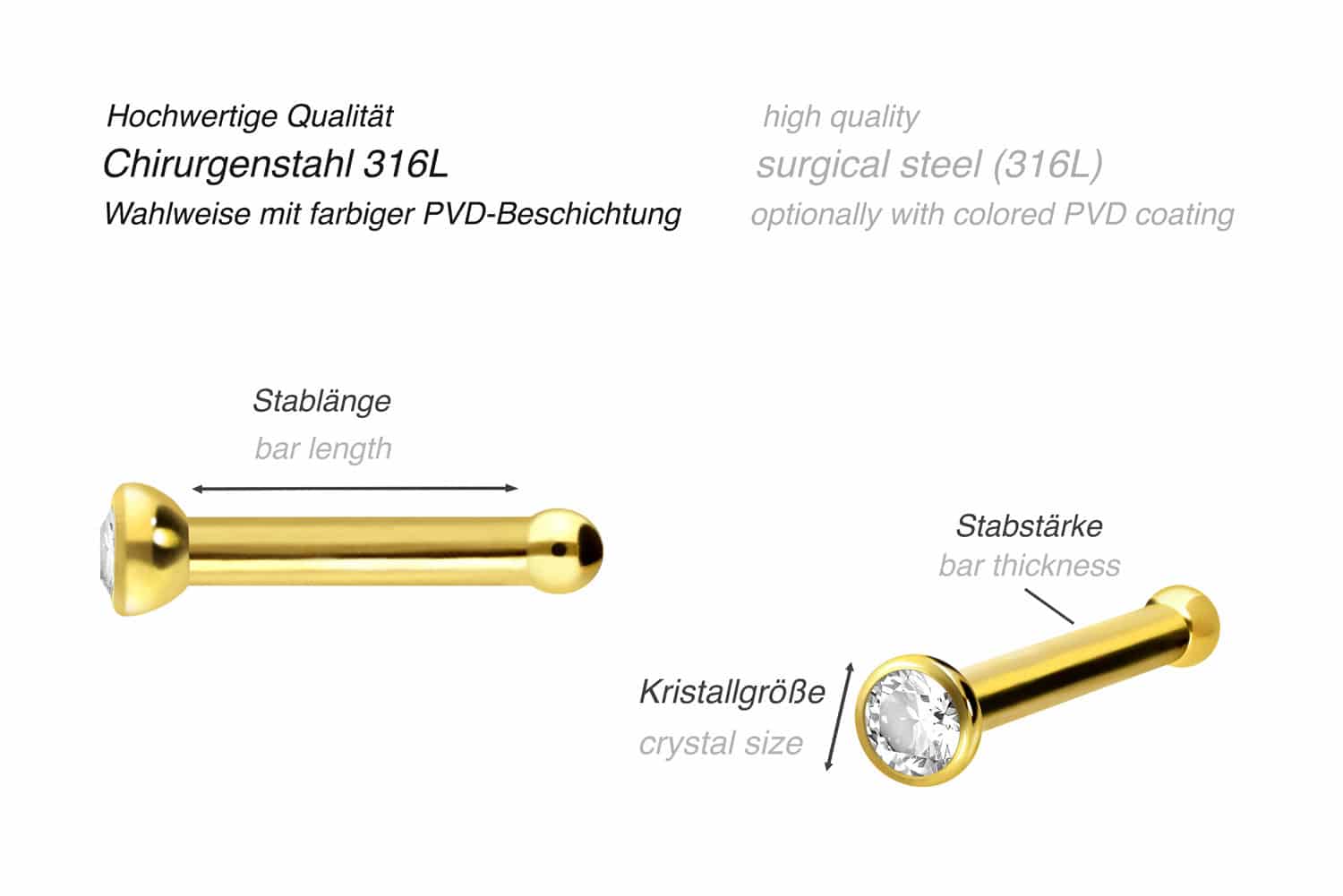 3er Set Chirurgenstahl Nasenstecker Pin KRISTALL