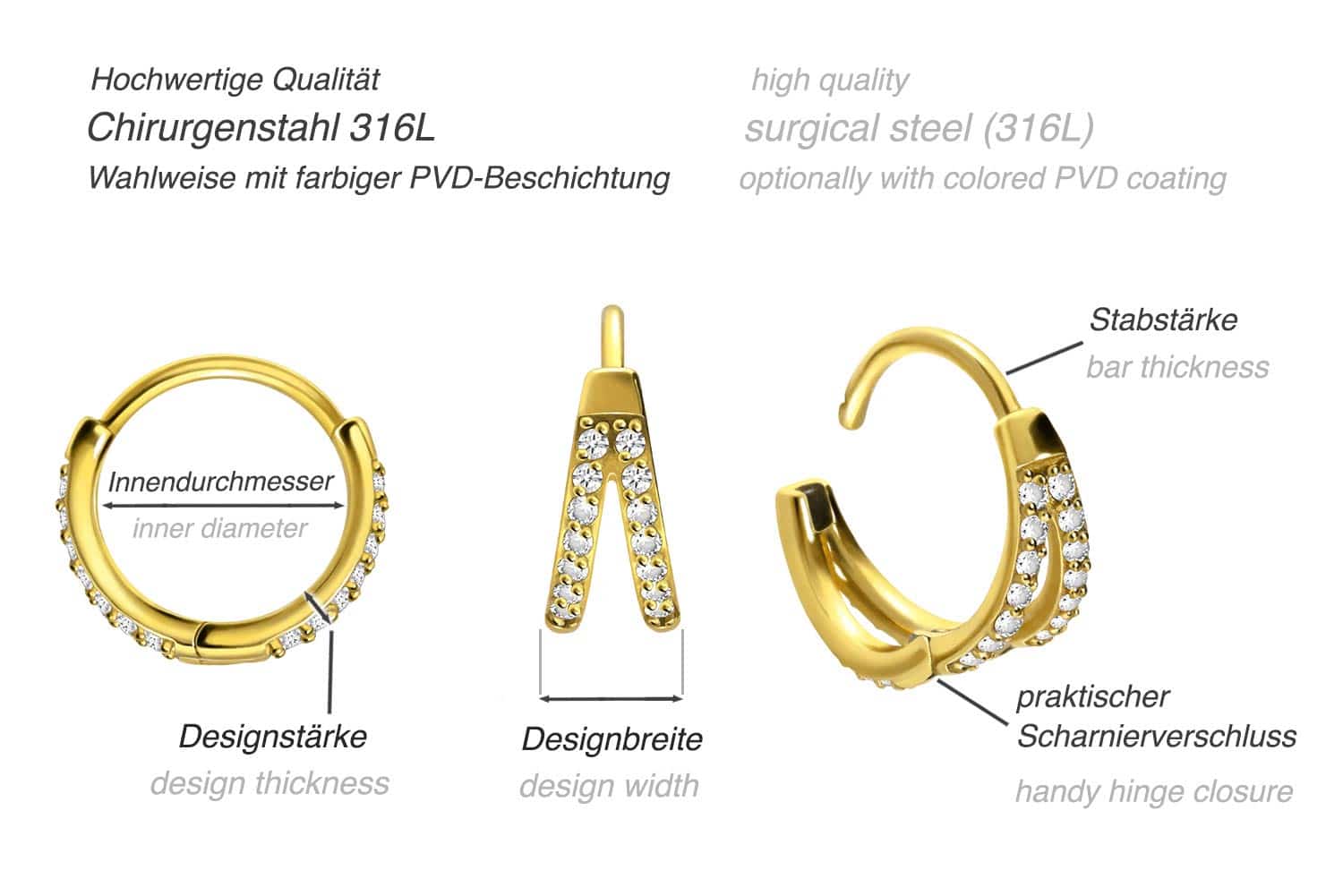 Chirurgenstahl Ohrclicker Creolen 2 RINGE + EINGEFASSTE KRISTALLE