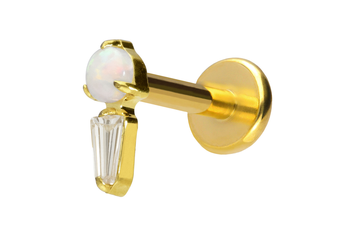 Titanium labret with push fit SYNTHETIC OPAL + CRYSTAL RECTANGLE