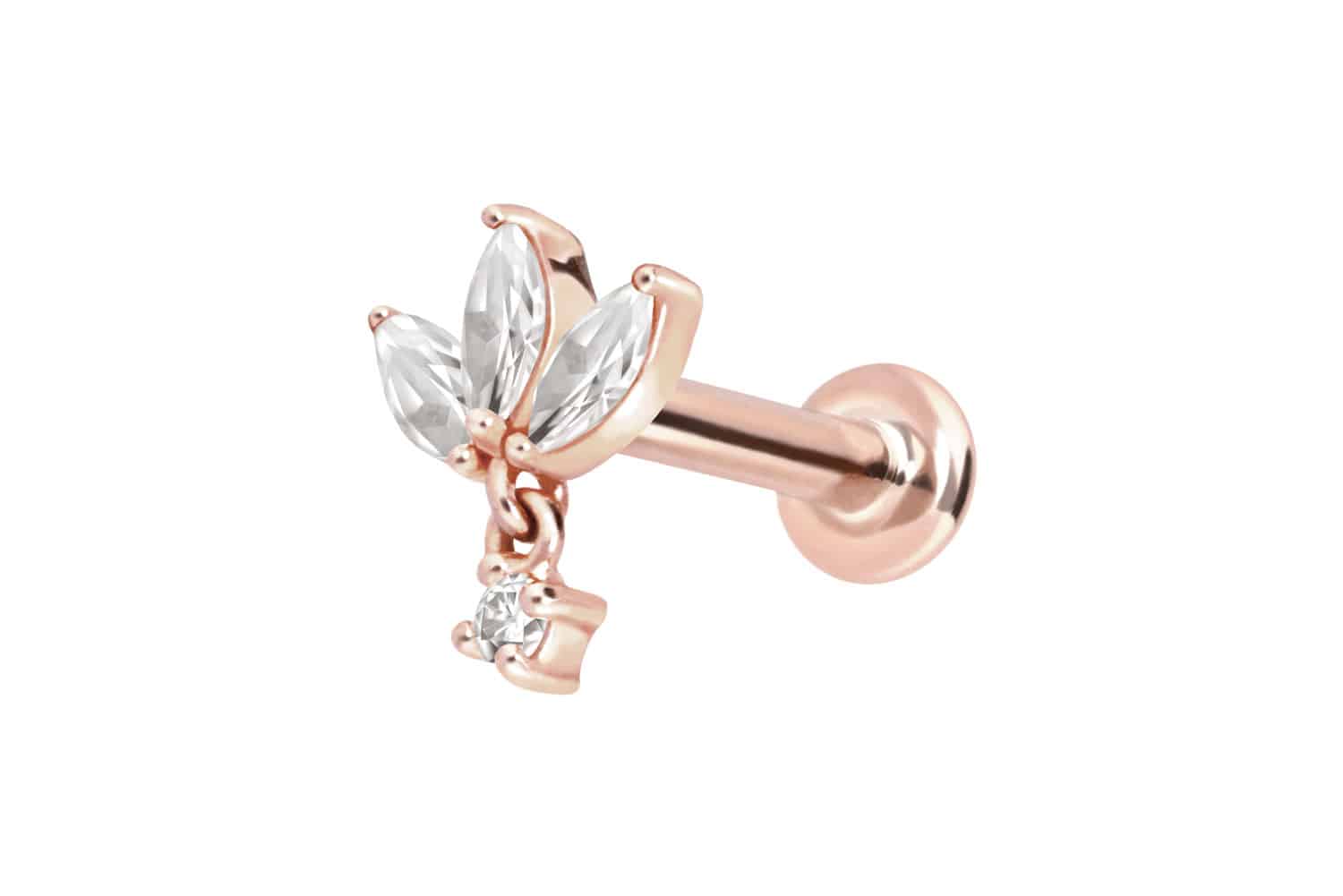 14 Karat Gold Labret mit Innengewinde MOISSANIT-BLUME + MOISSANIT