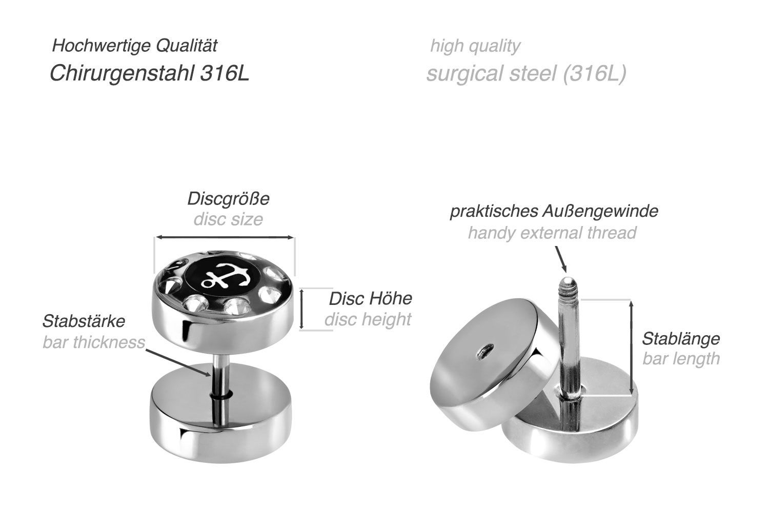 Surgical steel fake plug ANCHOR + CRYSTAL EDGE