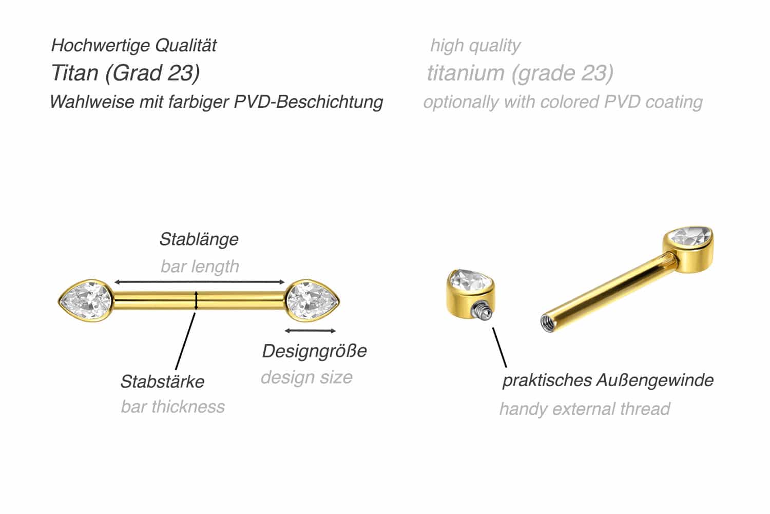 Titan Nippelpiercing mit Innengewinde KRISTALLTROPFEN