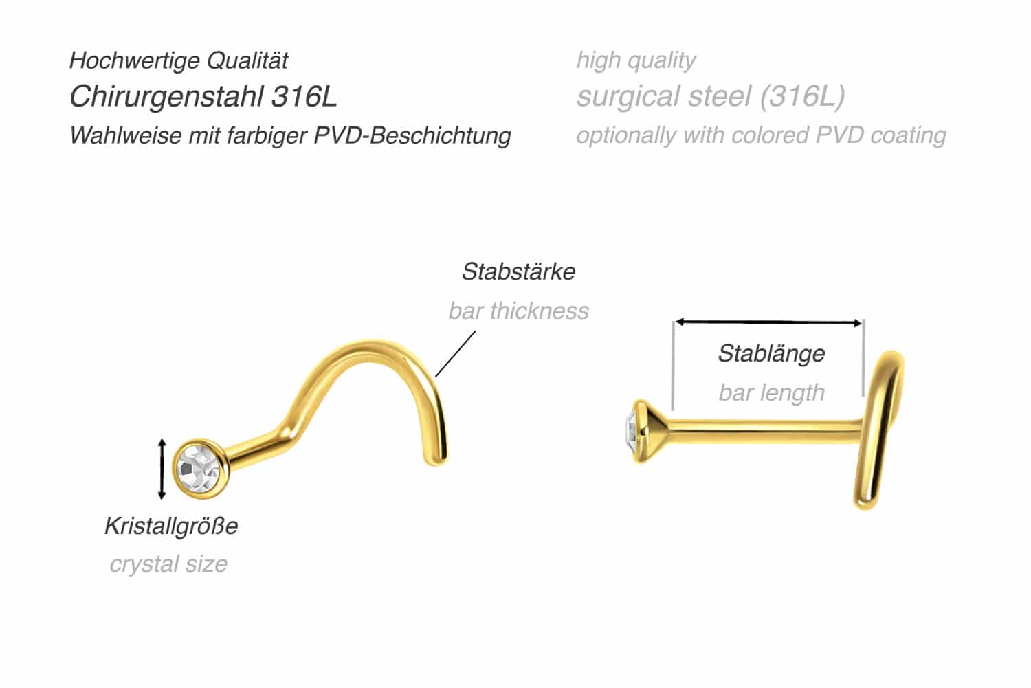 Chirurgenstahl Nasenstecker Spirale FLACHER KRISTALL