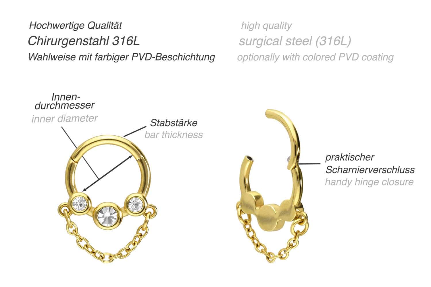 Chirurgenstahl Segmentring Clicker 3 KRISTALLDISCS + KETTE