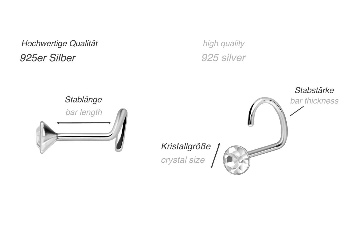 925er Silber Nasenstecker Spirale KRISTALL