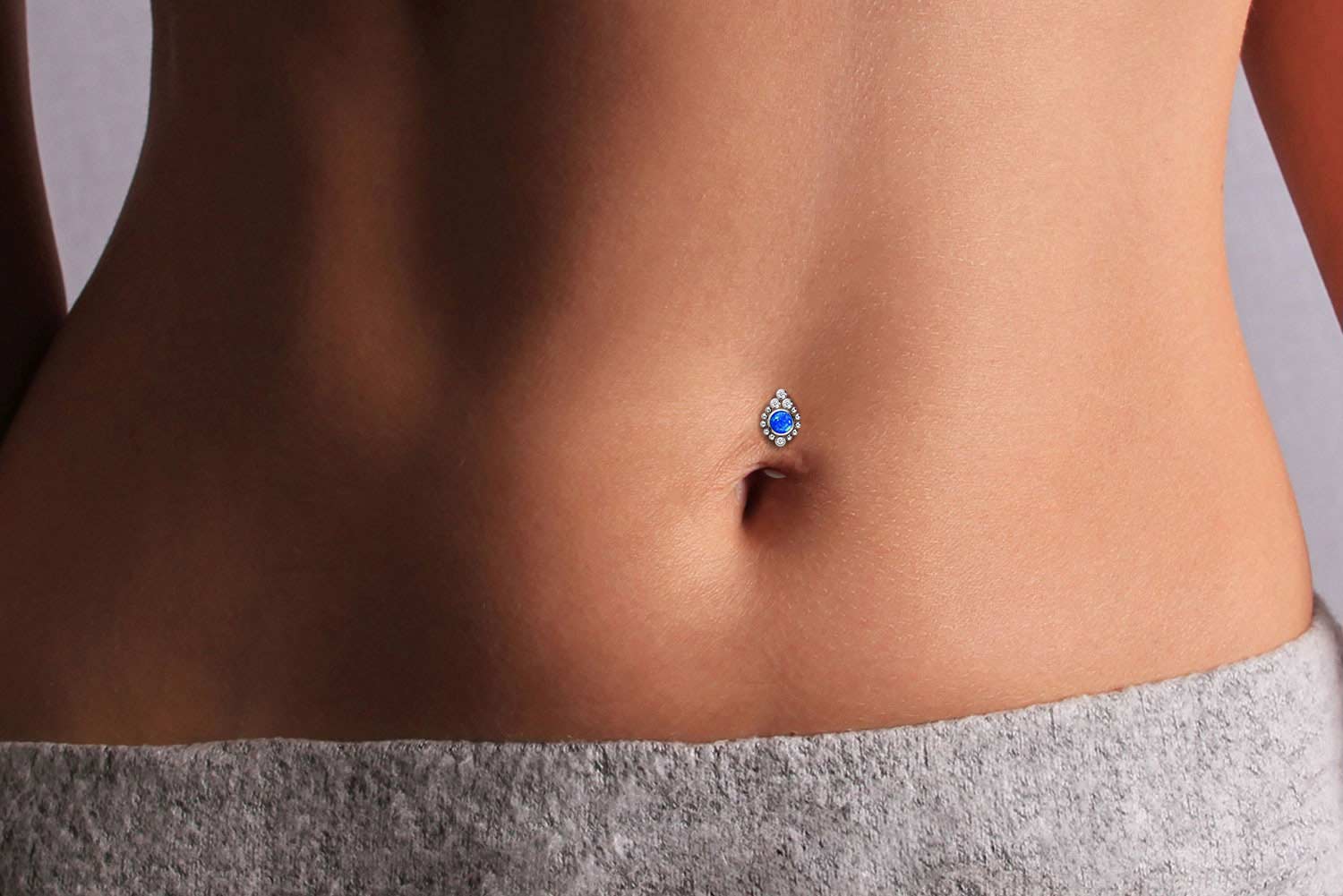 Titanium belly button labret with push fit SYNTHETIC OPAL + 4 CRYSTALS + BALLS