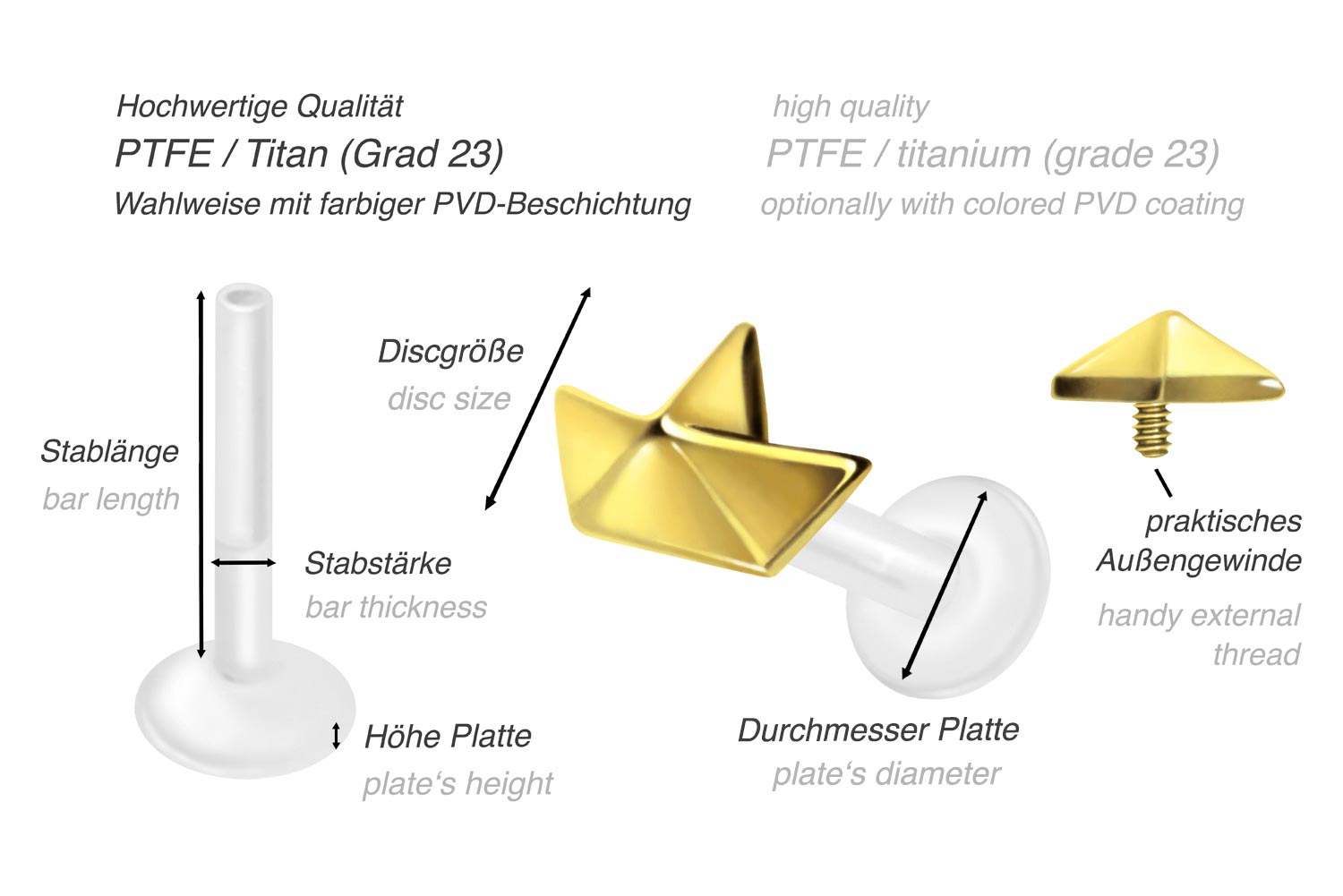 PTFE labret with internal thread + titanium attachment SAILBOAT