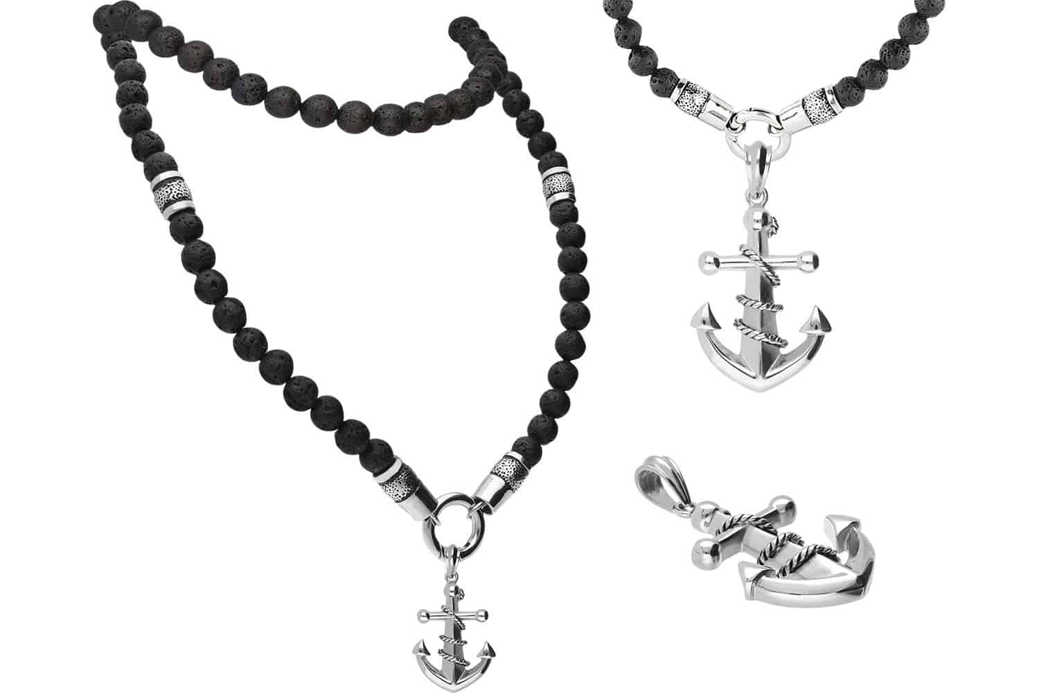 SET Lava stone ball chain + surgical steel pendant ANCHOR