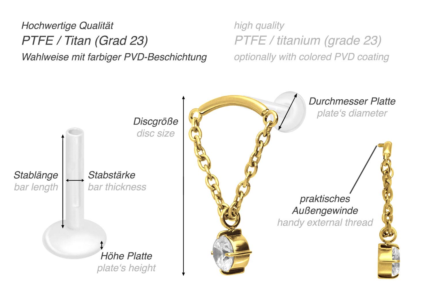 PTFE Labret mit Innengewinde + Titan-Aufsatz BOGEN + KETTE + KRISTALL