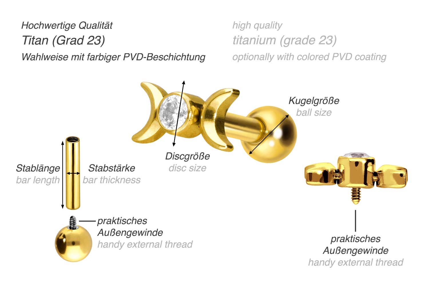 Titan Ohrpiercing mit Innengewinde 2 MONDE + KRISTALL