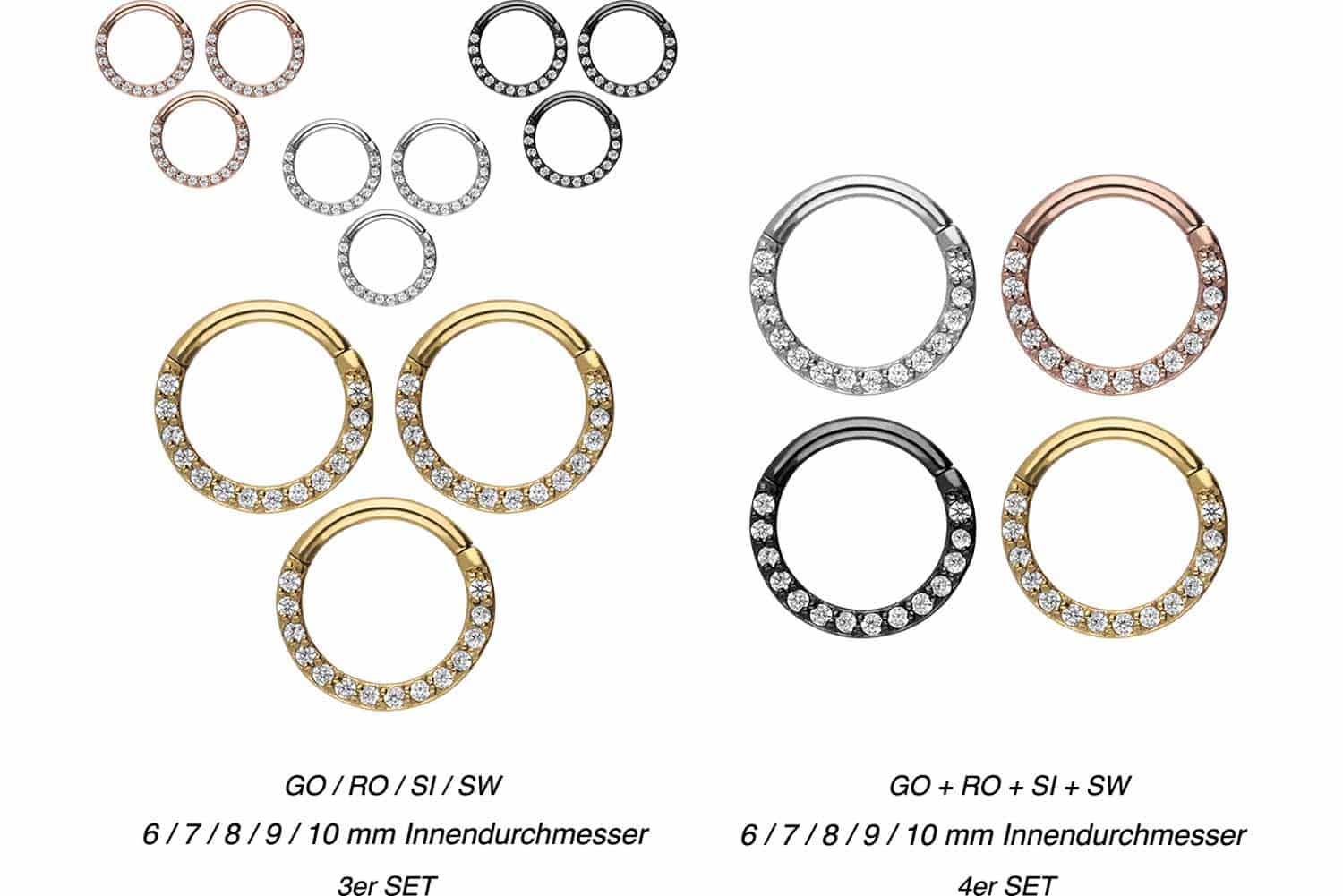 SET Chirurgenstahl Segmentring Clicker EINGEFASSTE KRISTALLE