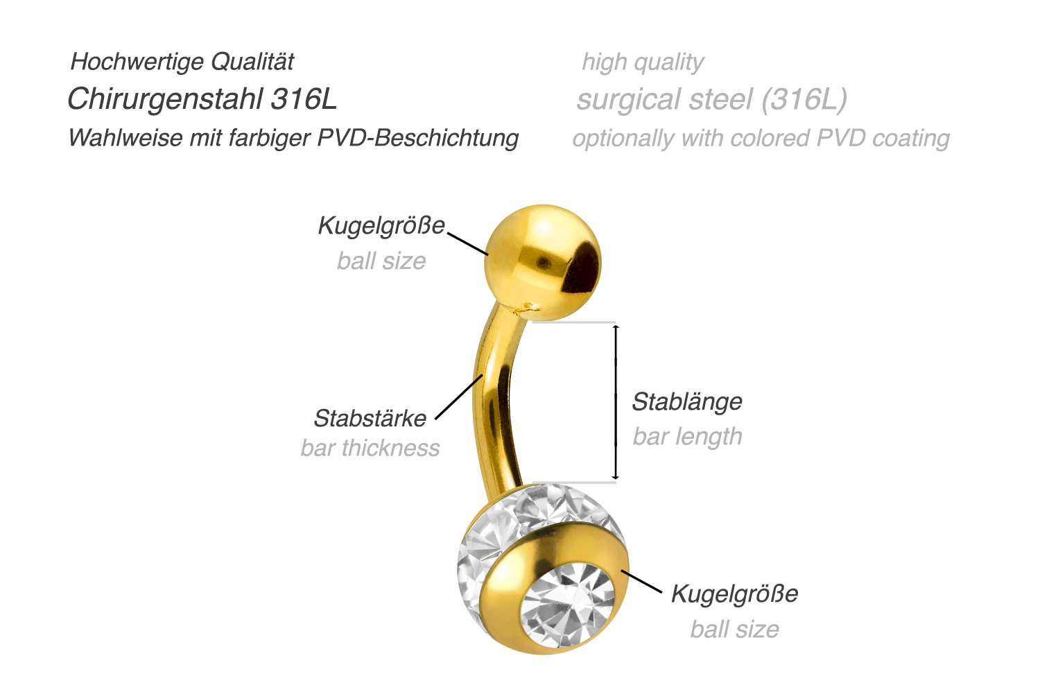 Chirurgenstahl Mini Bananabell EPOXY-RING + KRISTALL- + CHIRURGENSTAHL-KUGEL