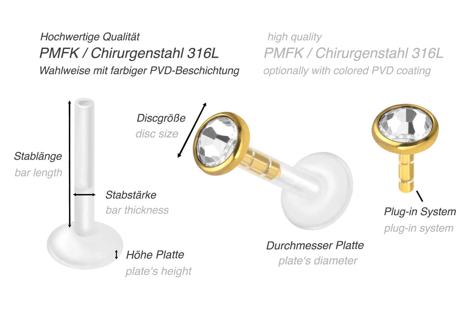 PMFK Labret mit Plug-in System + Chirurgenstahl-Aufsatz FLACHER KRISTALL