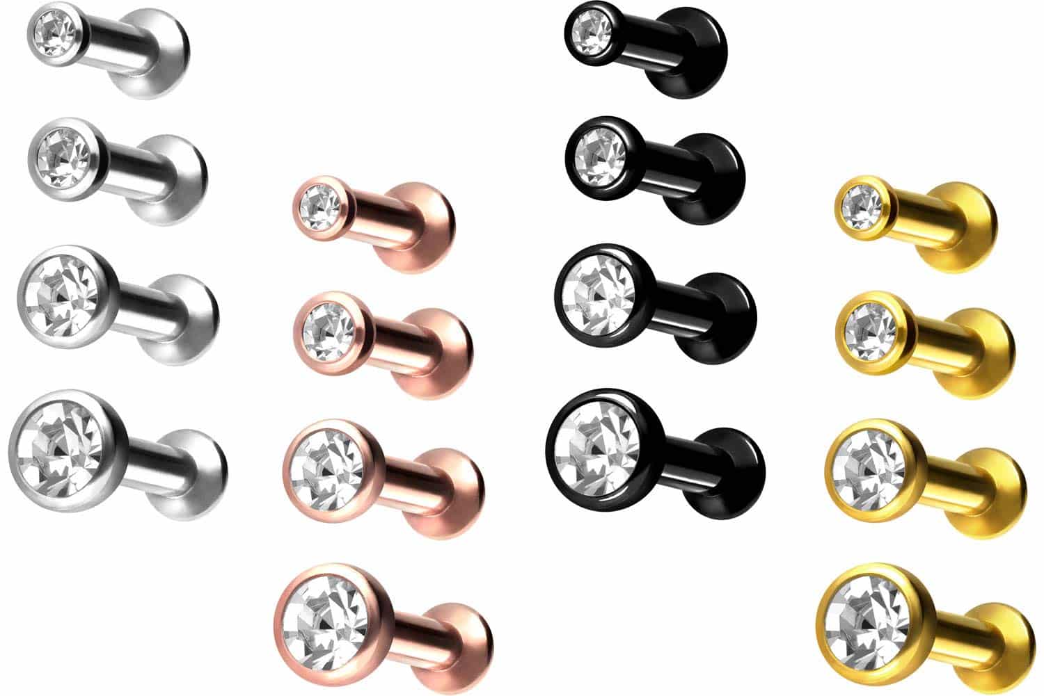 Titanium triple piercing mini labret with push fit FLAT DISC + CRYSTAL