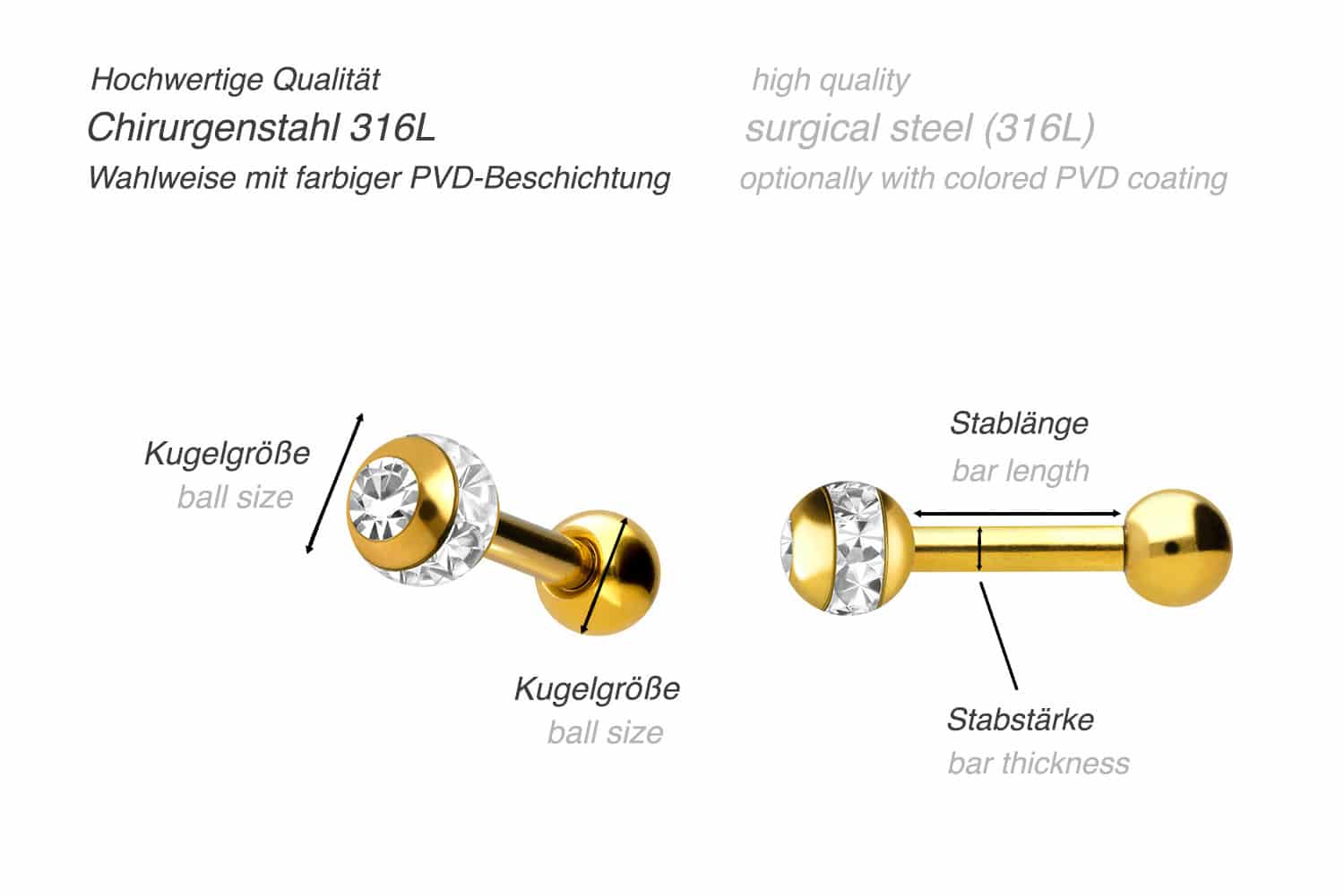 Chirurgenstahl Ohrpiercing EPOXY-RING-KUGEL + KRISTALL