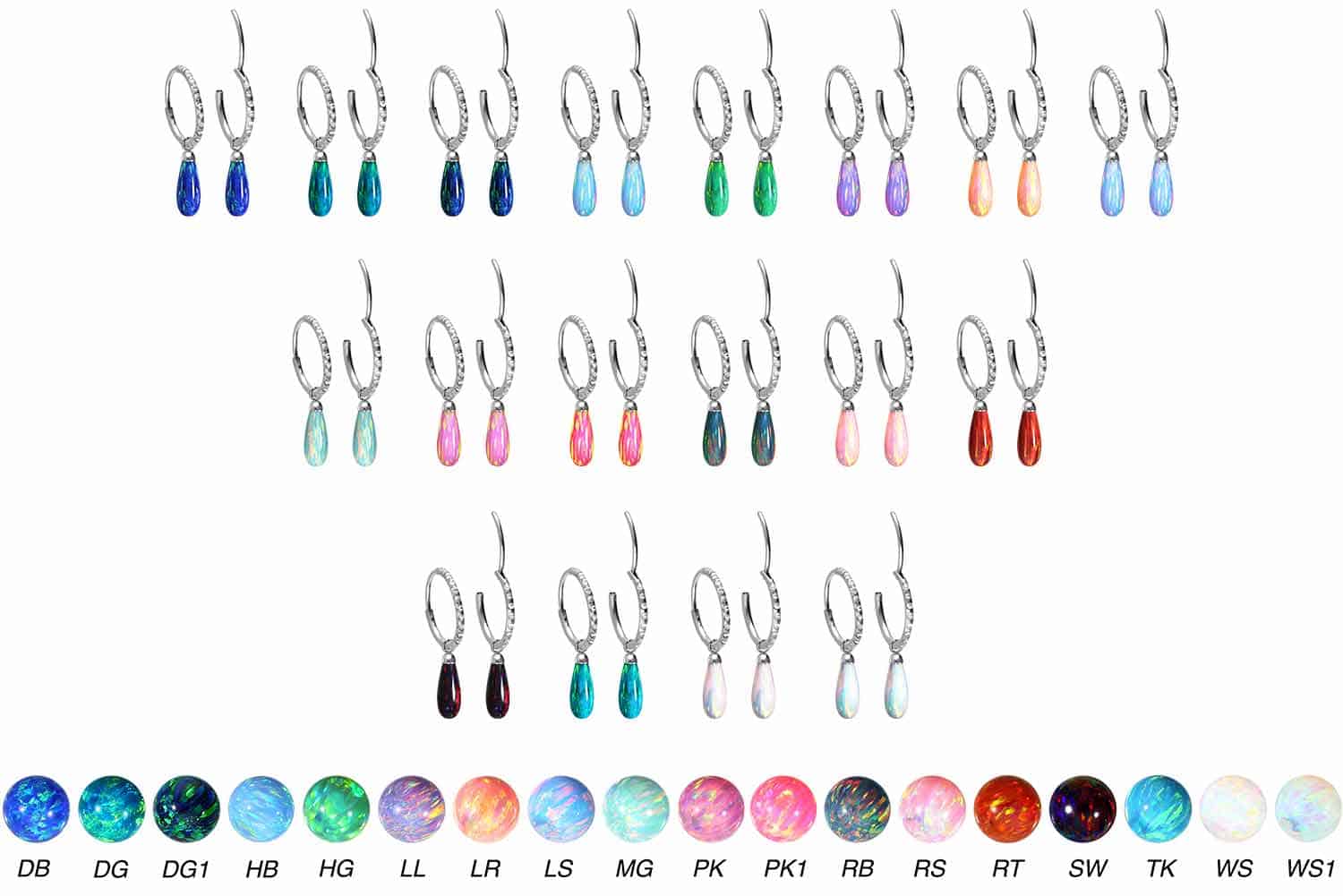 Titanium ear clicker creoles CRYSTALS + EPOXY + SYNTHETIC OPAL DROP