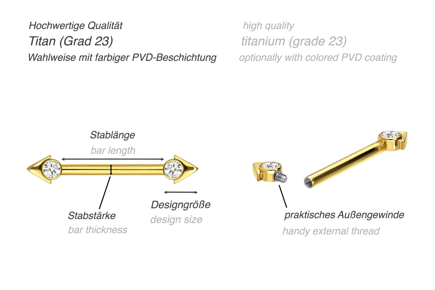 Titan Nippelpiercing mit Innengewinde PFEILSPITZE + KRISTALL