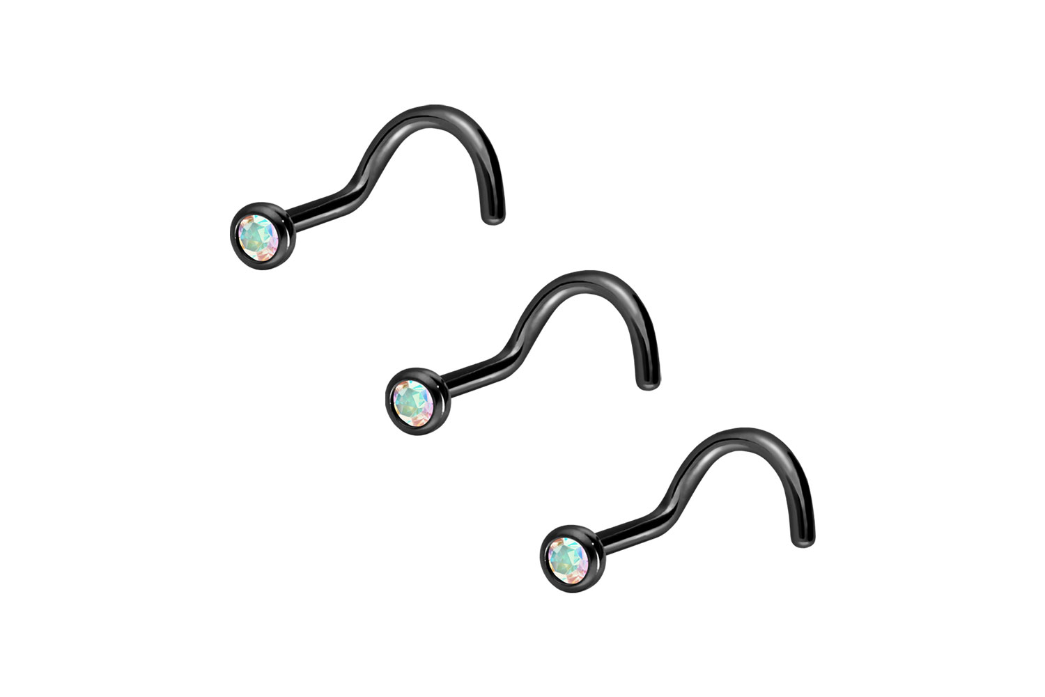 Set of 3 Surgical steel nose stud spiral CRYSTAL