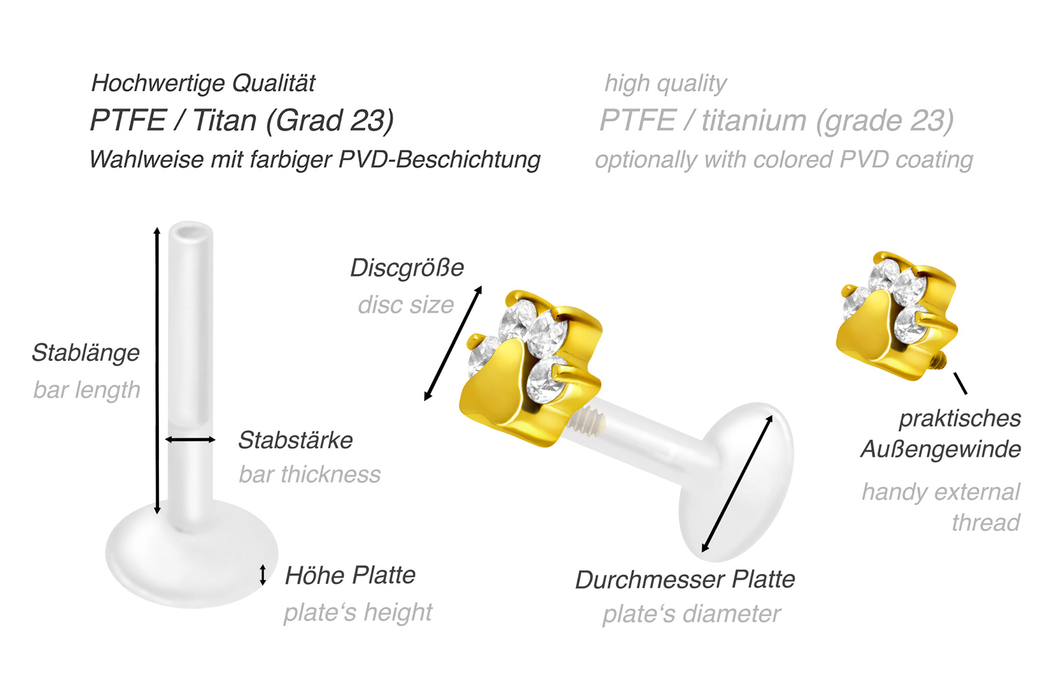 PTFE Labret mit Innengewinde + Titan-Aufsatz KRISTALLPFOTE