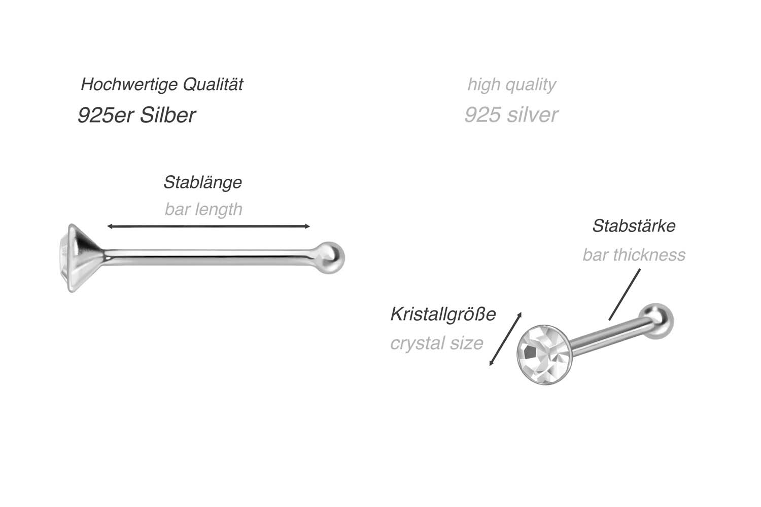 SET 925er Silber Nasenstecker Pin RUNDER KRISTALL