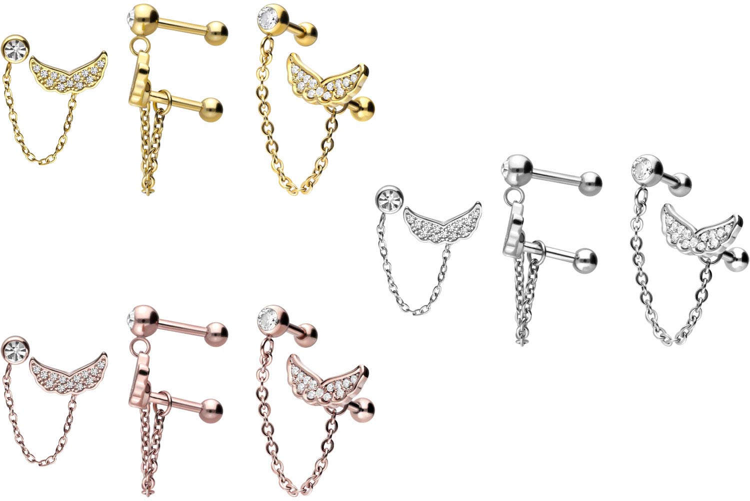 Surgical steel ear piercing CRYSTAL WINGS + CHAIN