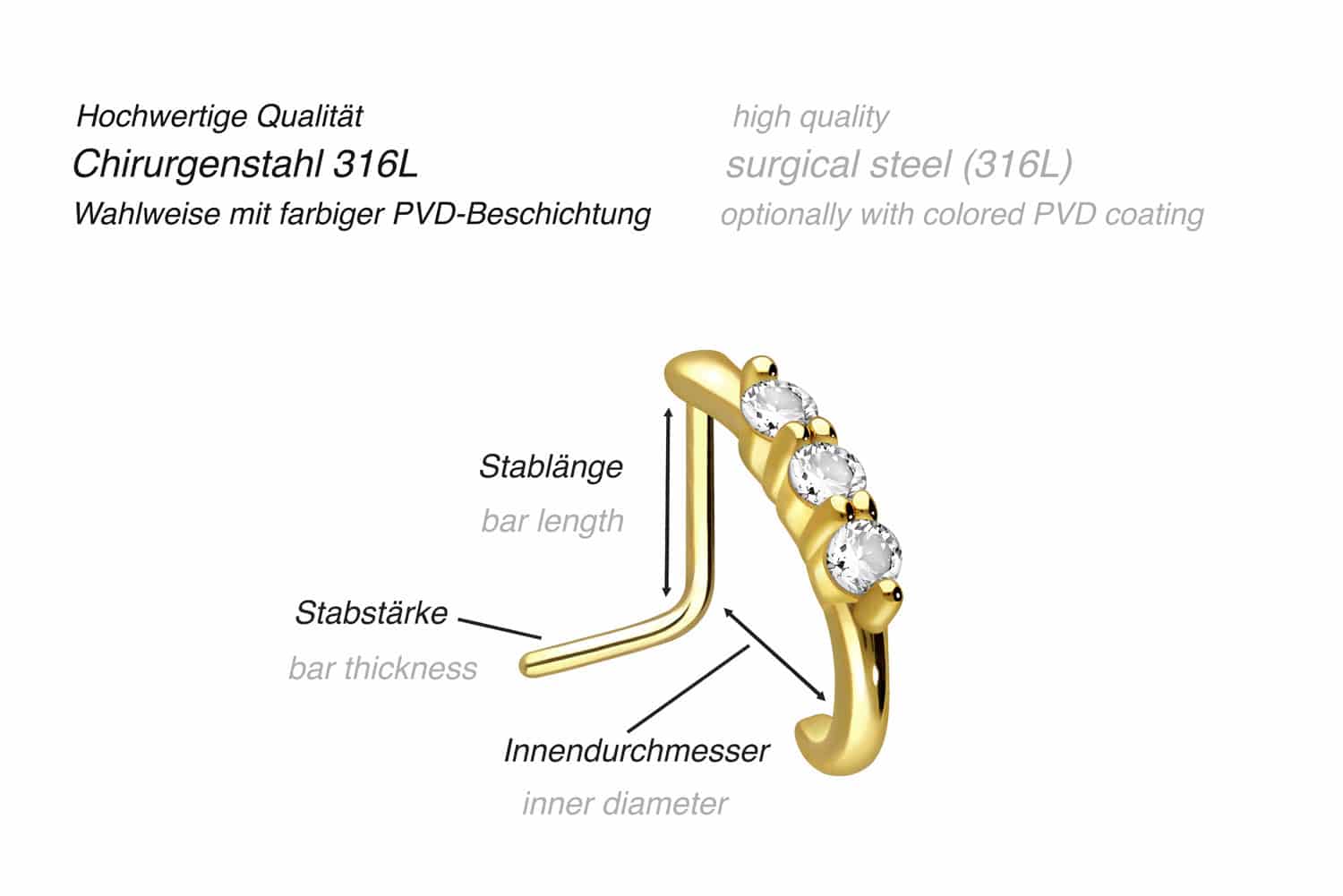 Chirurgenstahl Nasenstecker 3 GROSSE KRISTALLE