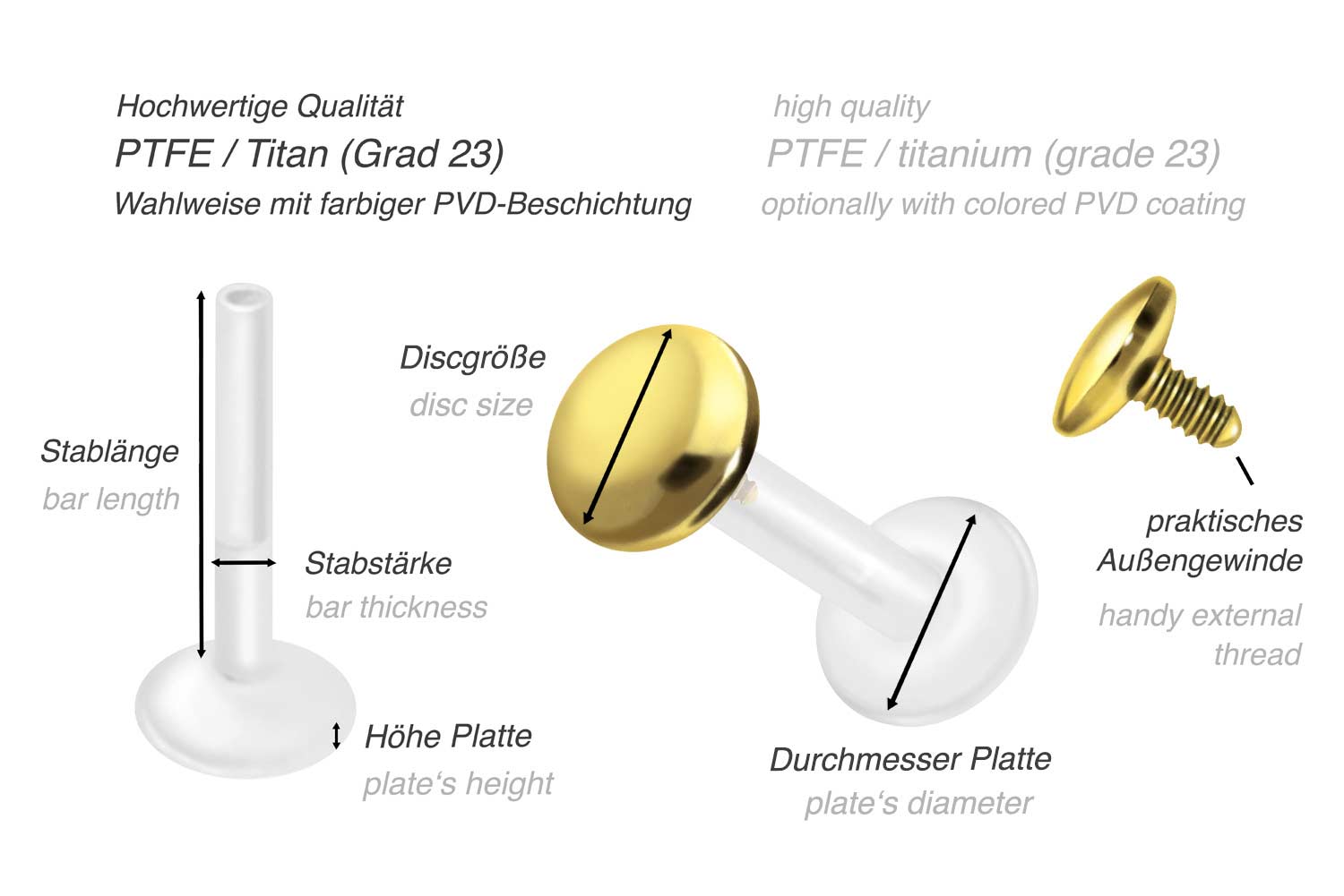 PTFE labret with internal thread + titanium attachment FLAT