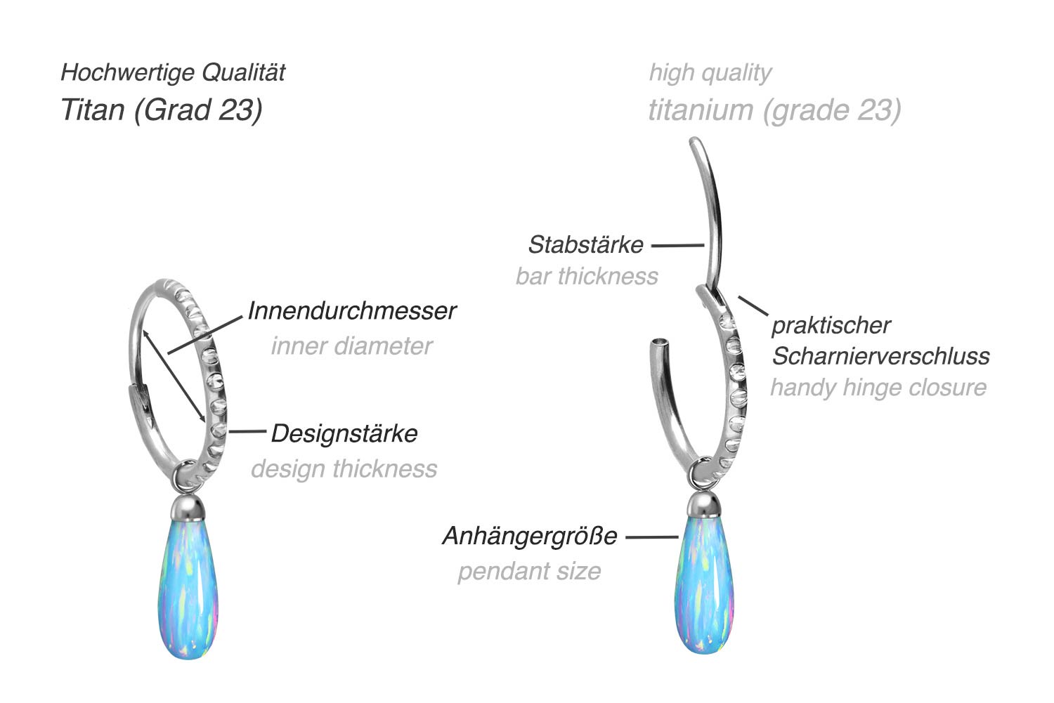 Titanium ear clicker creoles CRYSTALS + EPOXY + SYNTHETIC OPAL DROP