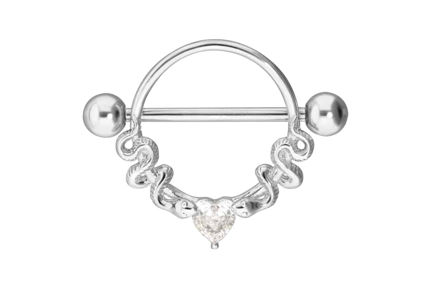 Surgical steel nipple piercing CRYSTAL HEART + 2 SNAKES Surgical steel nipple piercing CRYSTAL HEART + 2 SNAKES