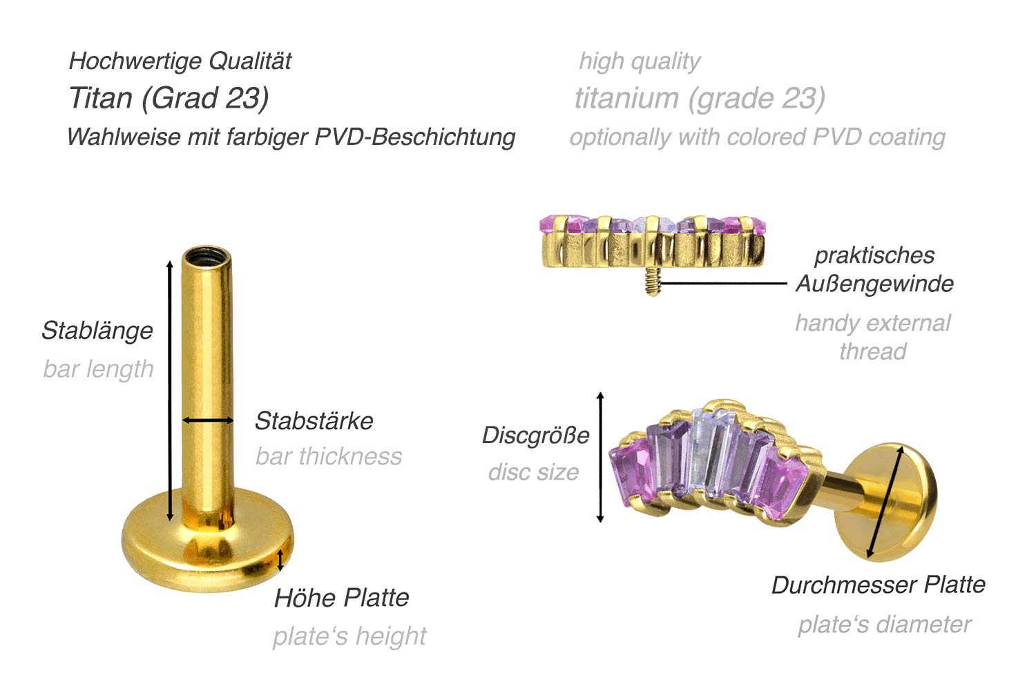 Titan Labret mit Innengewinde 5 EINGEFASSTE KRISTALLRECHTECKE