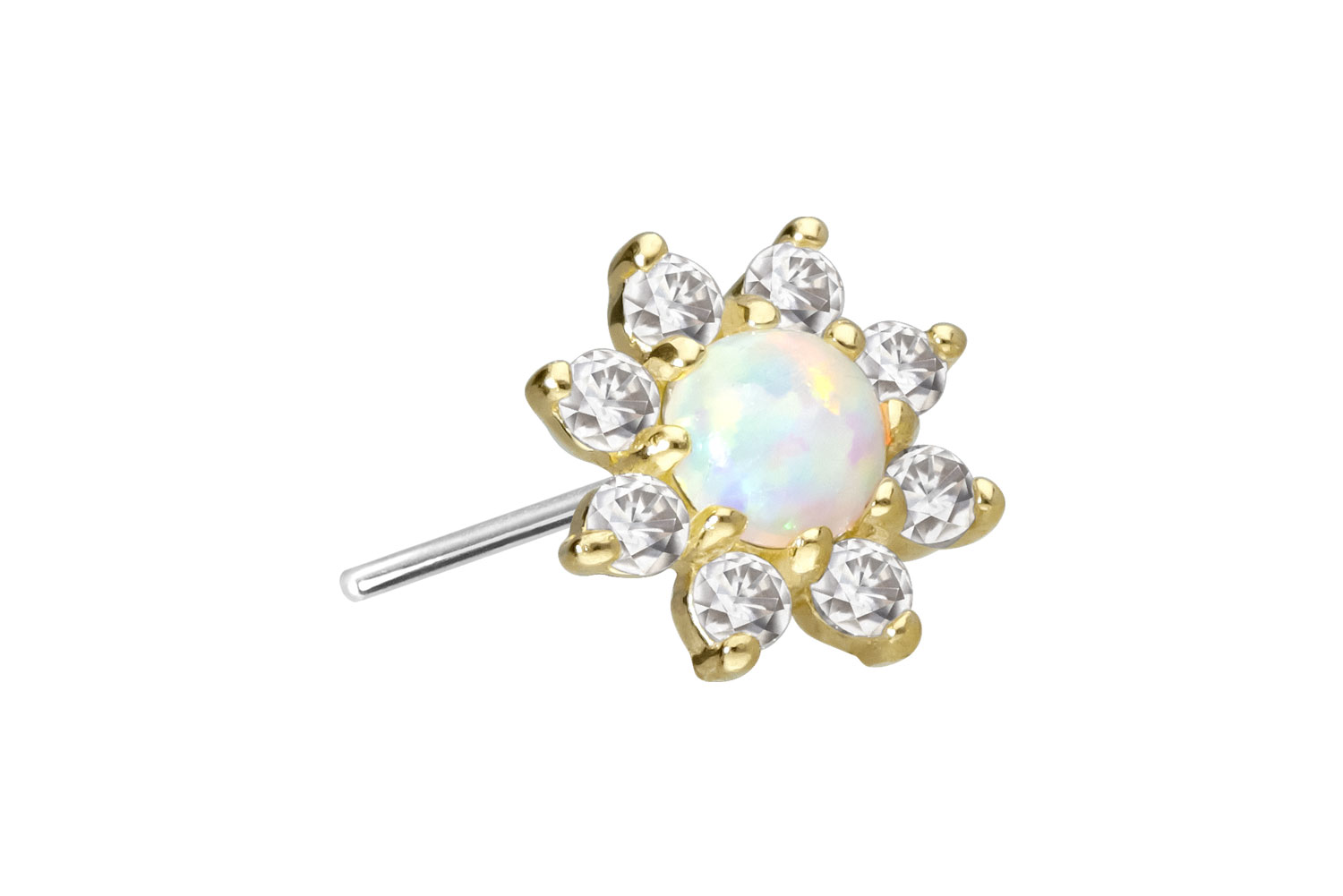 14 carat gold attachment with titanium push pin MOISSANITE FLOWER + SYNTHETIC OPAL