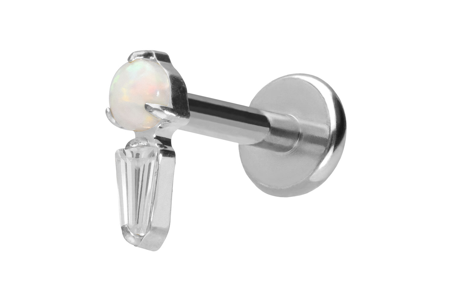 Titanium labret with push fit SYNTHETIC OPAL + CRYSTAL RECTANGLE