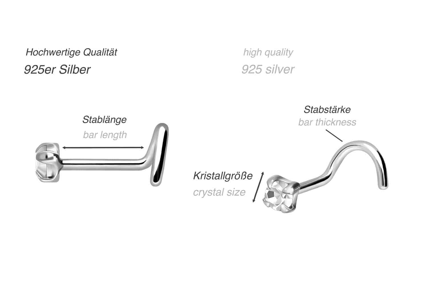 925er Silber Nasenstecker Spirale FLACHER KRISTALL