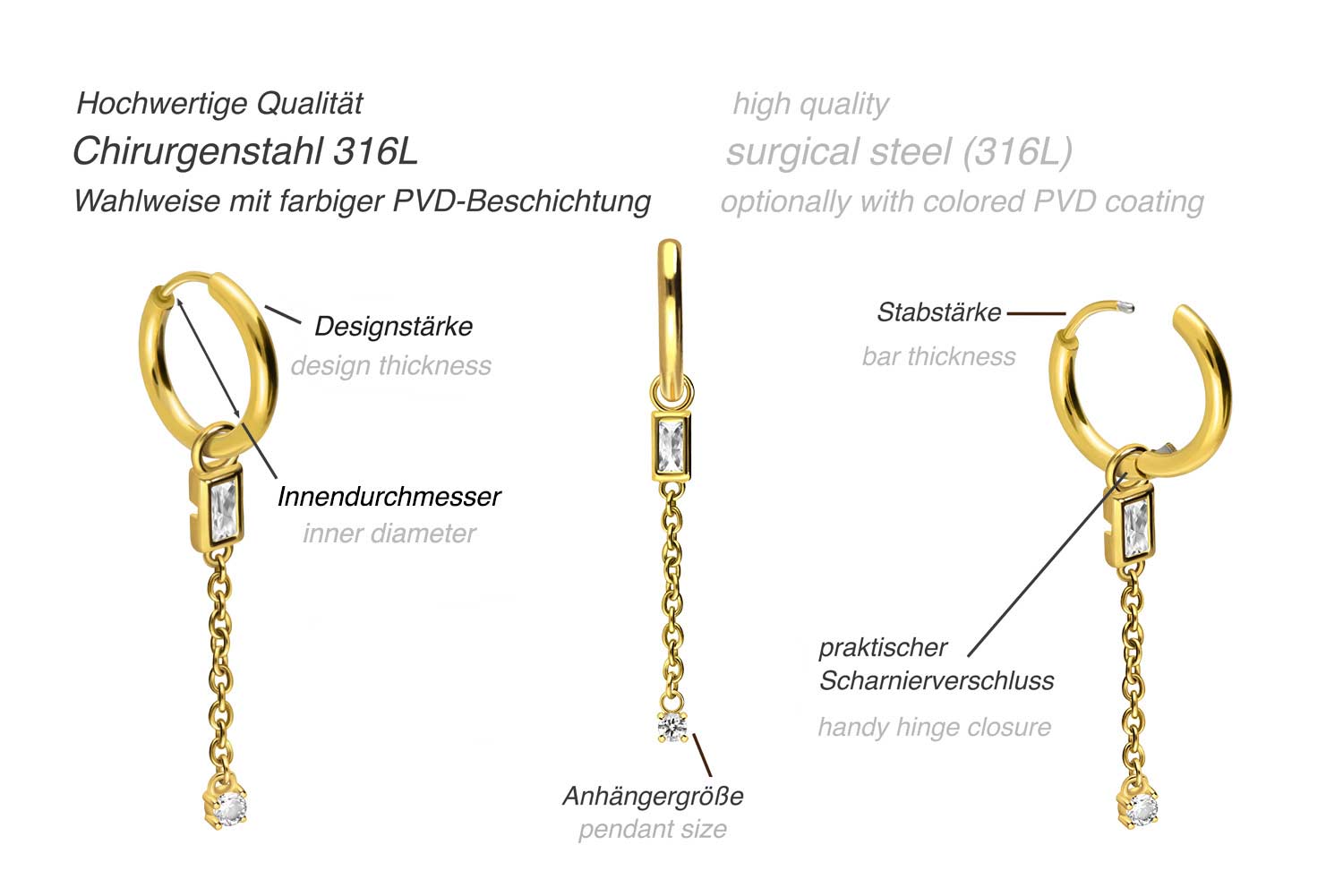 Chirurgenstahl Ohrclicker Creolen KRISTALLE + KETTE