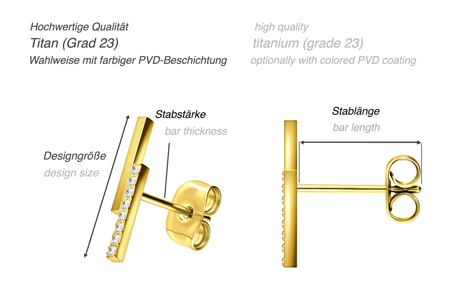 Titan Ohrstecker BALKEN + EINGEFASSTE KRISTALLE