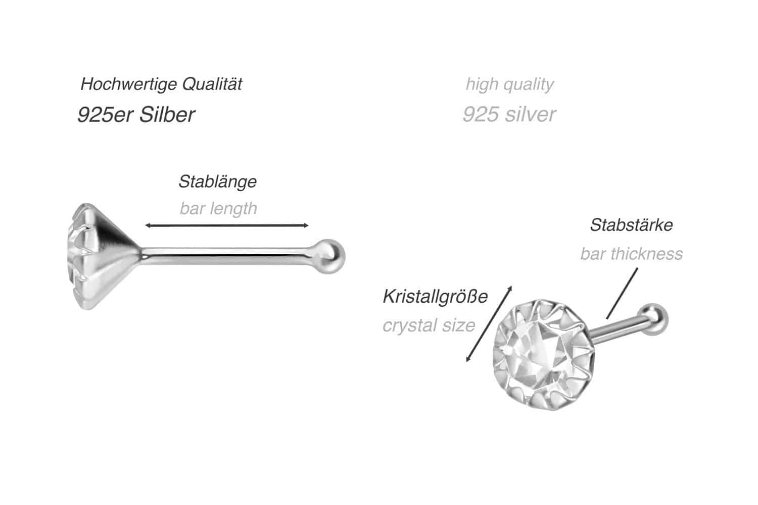 925er Silber Nasenstecker Pin EINGEFASSTER KRISTALL