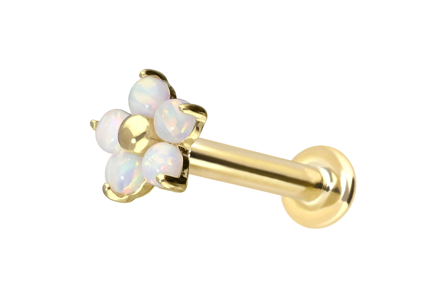 14 carat gold labret with push fit FLOWER + 5 SYNTHETIC OPALS