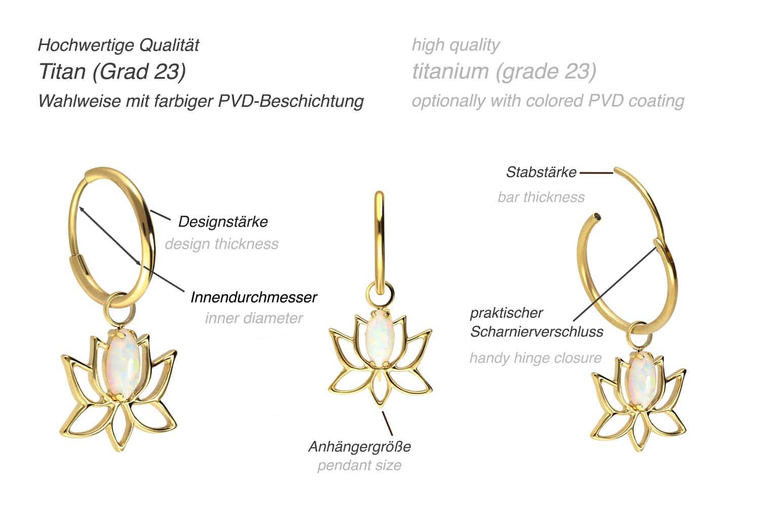 Titan Ohrclicker Creolen LOTUSBLÜTE + SYNTHETISCHER OPAL