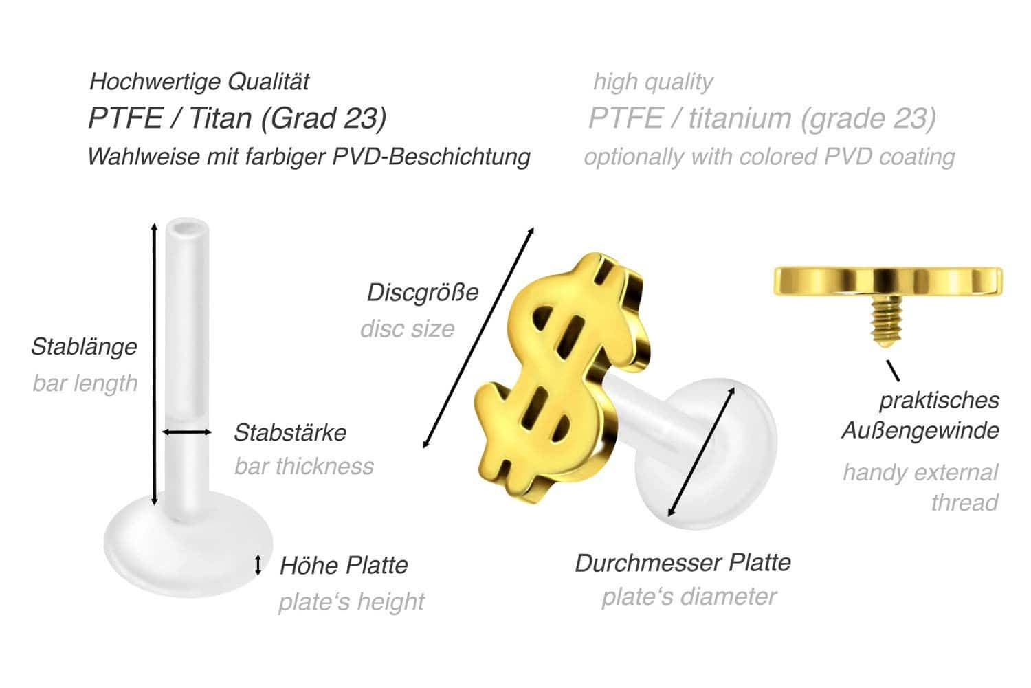PTFE Labret mit Innengewinde + Titan-Aufsatz DOLLARZEICHEN