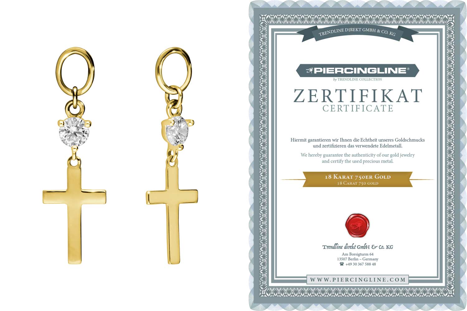 18 Karat Gold Anhänger für Clicker KREUZ + KRISTALL