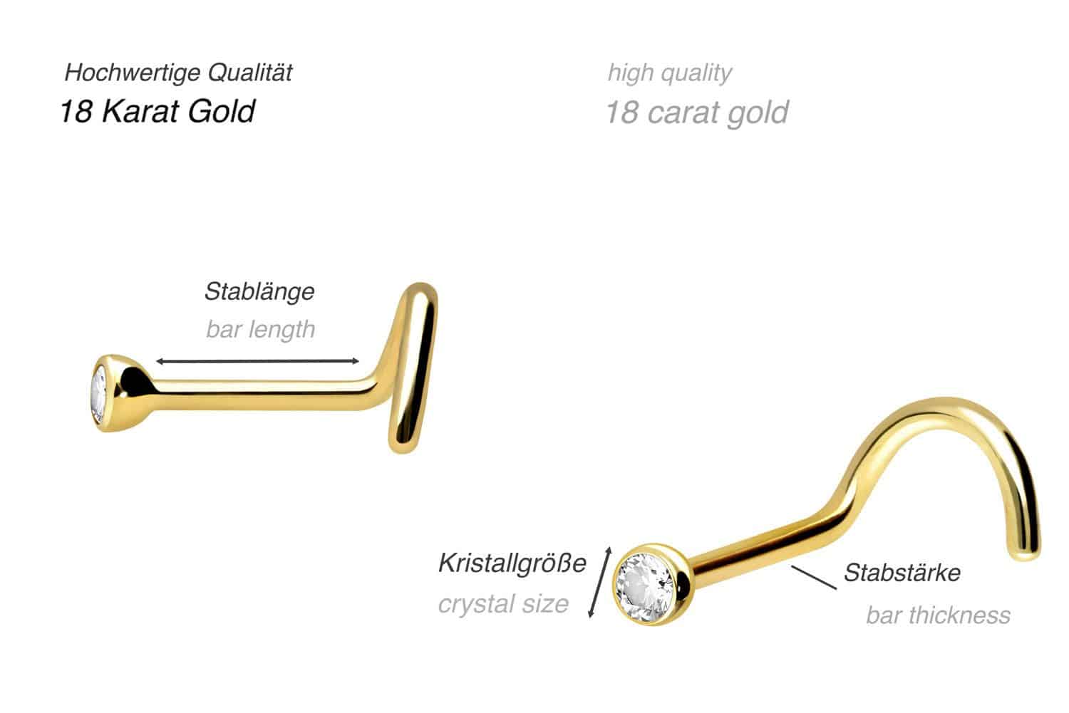 18 Karat Gold Nasenstecker Spirale 1,6 mm KRISTALL