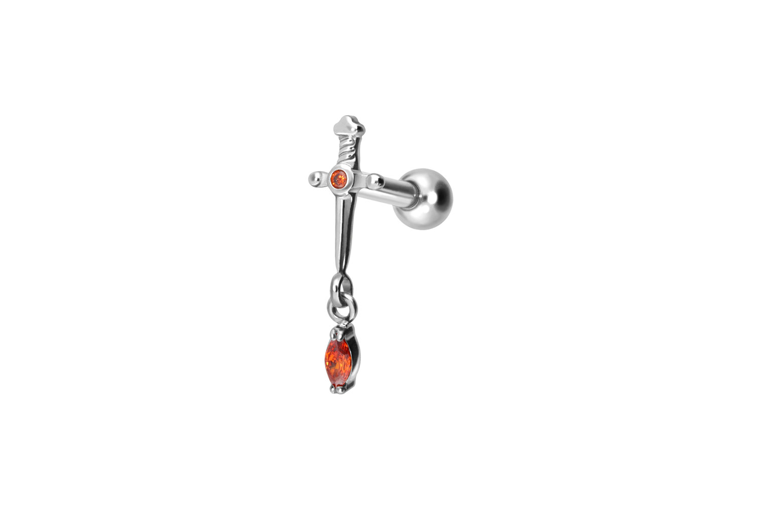 Titanium ear piercing with internal thread DAGGER + CRYSTAL DROP