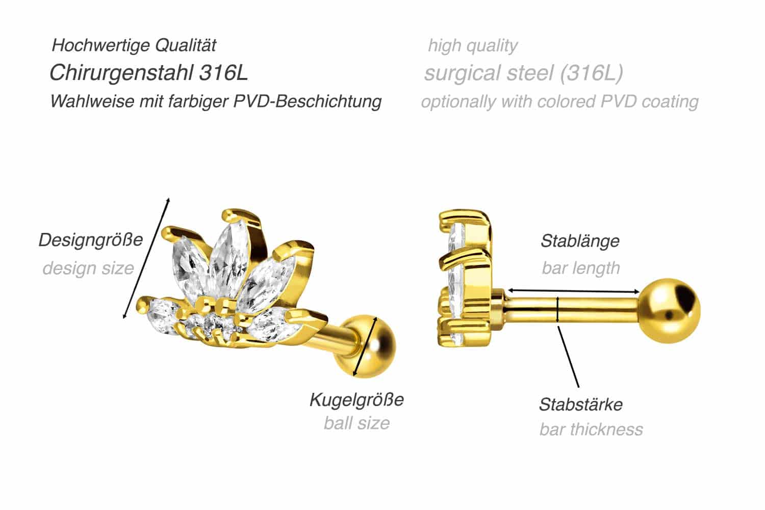 Chirurgenstahl Ohrpiercing LOTUSBLÜTE + KRISTALLE