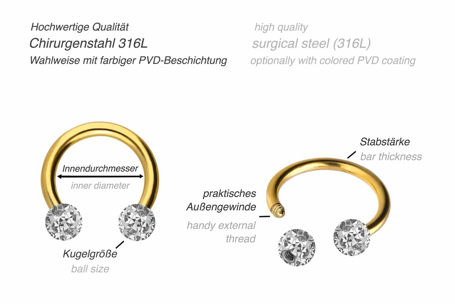 Chirurgenstahl Hufeisenring EPOXY-KUGELN