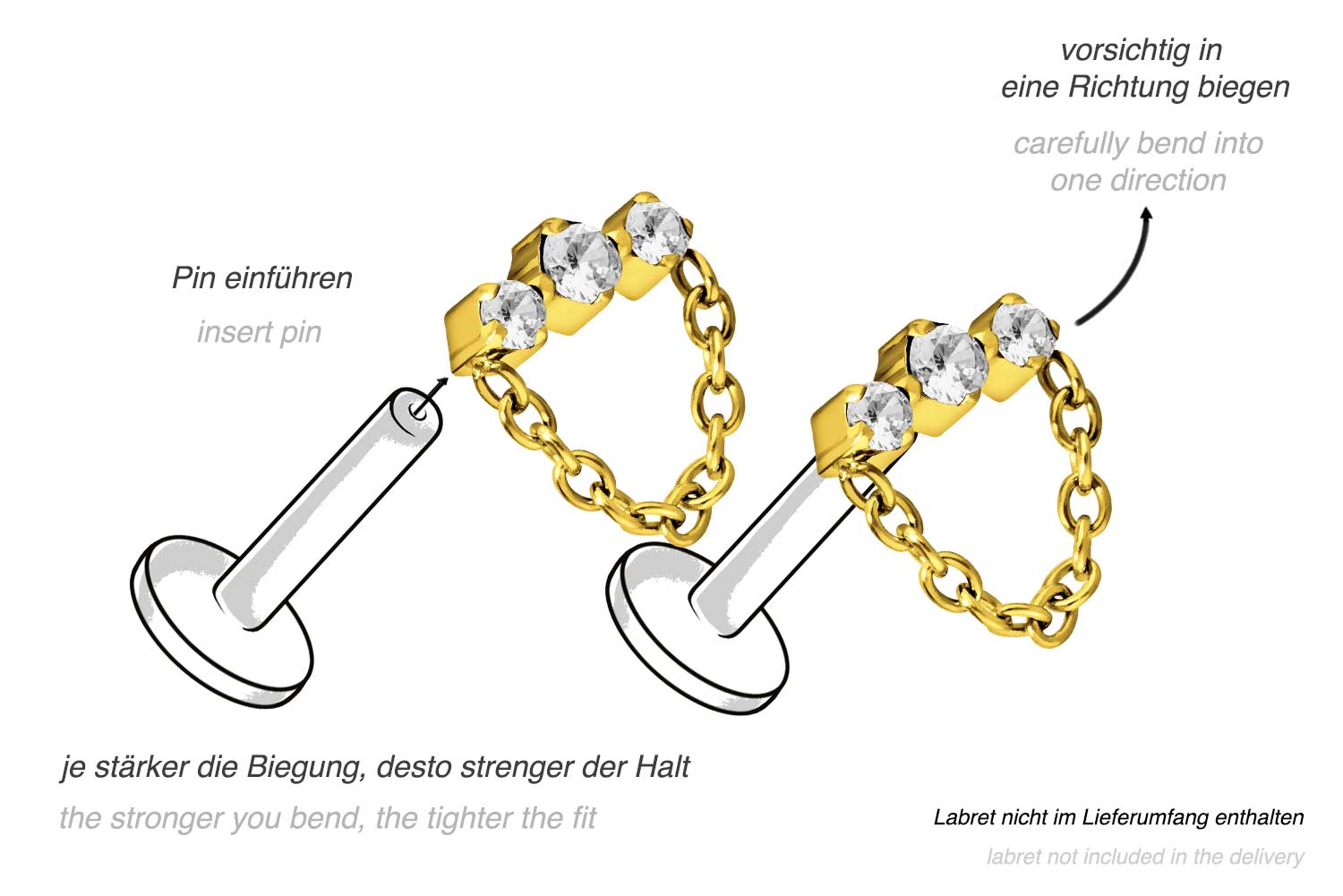 Titanium attachment with push pin 3 SETTED CRYSTALS + CHAIN