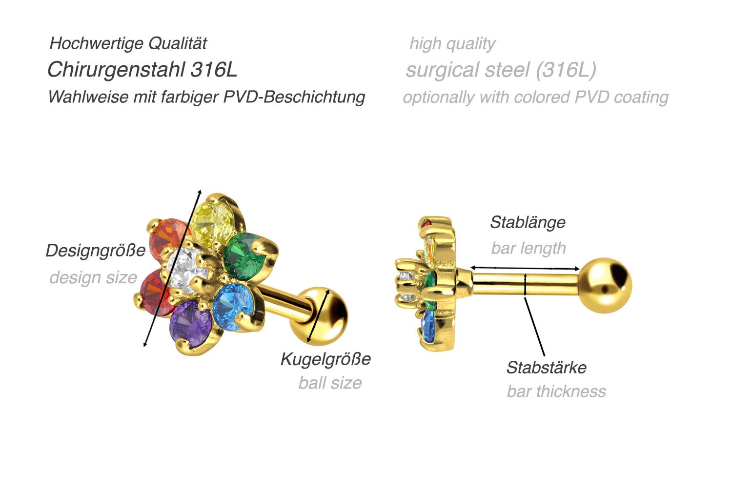 Chirurgenstahl Ohrpiercing BUNTE KRISTALLBLUME