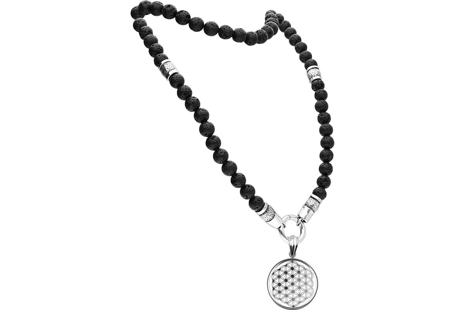 SET Lava stone ball chain + surgical steel chain pendant FLOWER OF LIFE