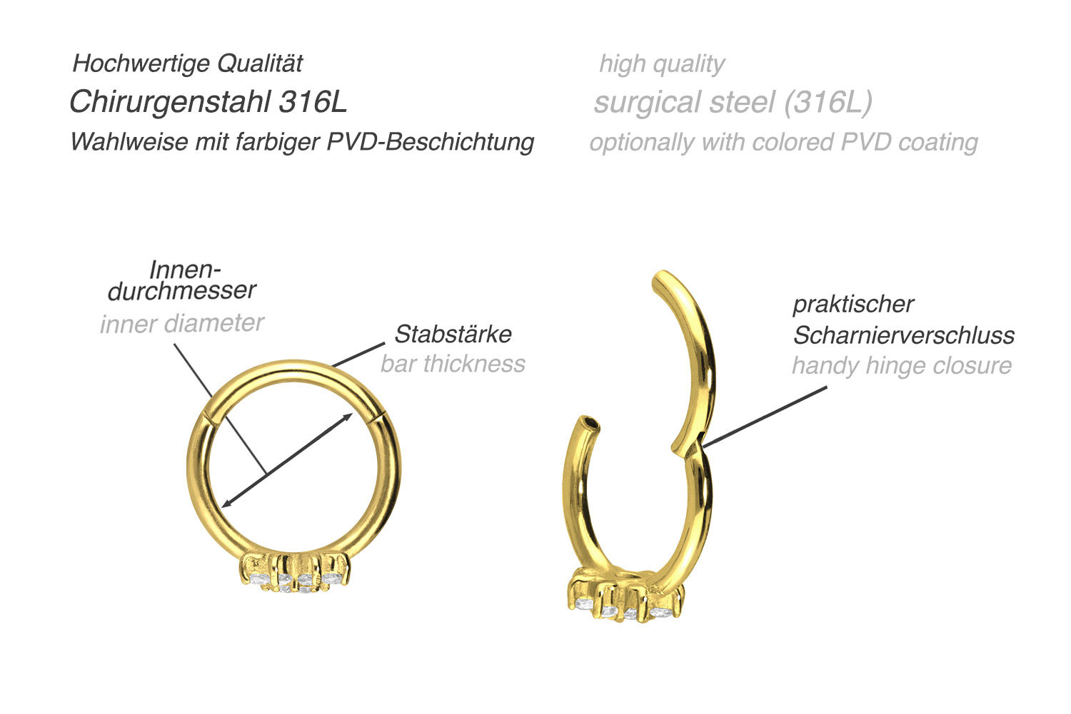 Chirurgenstahl Segmentring Clicker KRISTALLBLUME