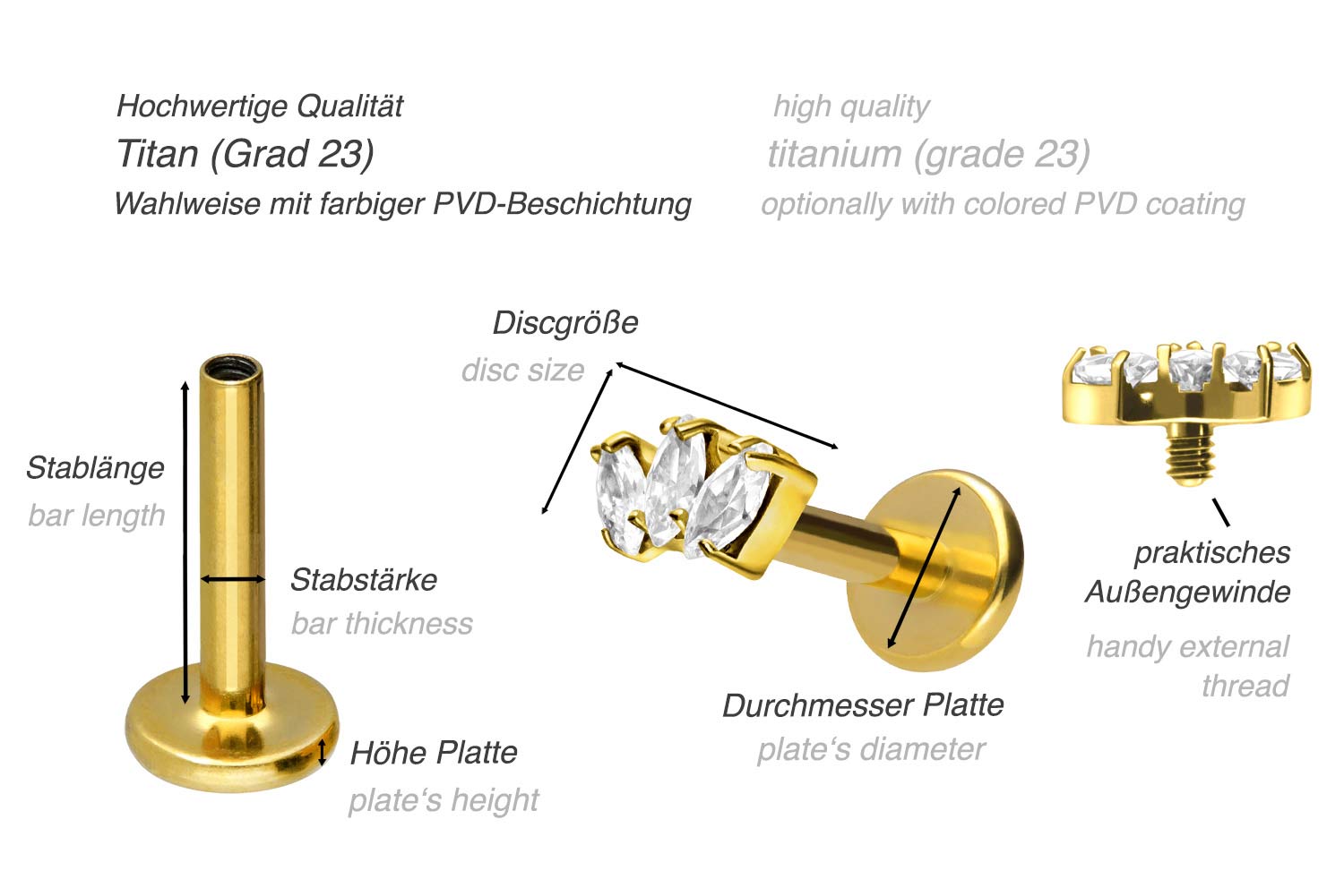 Titan Labret mit Innengewinde 3 KRISTALLTROPFEN