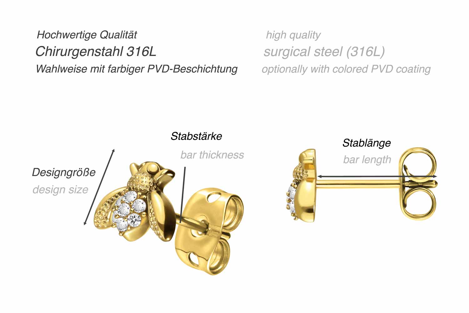 Chirurgenstahl Ohrstecker BIENE + EINGEFASSTE KRISTALLE